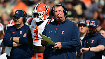 Oct 4, 2025; West Lafayette, Indiana, USA; Illinois Fighting Illini head coach Bret Bielema stands on the sidelines during the second quarter against the Purdue Boilermakers at Ross-Ade Stadium. Mandatory Credit: Marc Lebryk-Imagn Images