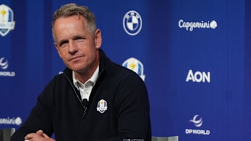Oct 8, 2024; New York, New York, USA; Europe team captain Luke Donald speaks during a press conference at Times Center. Mandatory Credit: Lucas Boland-Imagn Images