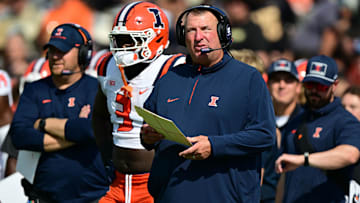 Oct 4, 2025; West Lafayette, Indiana, USA; Illinois Fighting Illini head coach Bret Bielema stands on the sidelines during the second quarter against the Purdue Boilermakers at Ross-Ade Stadium. Mandatory Credit: Marc Lebryk-Imagn Images