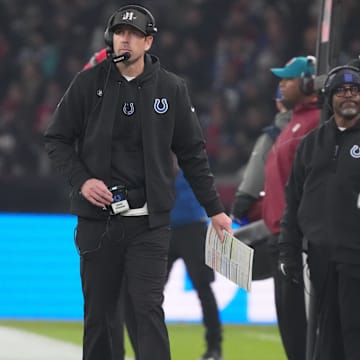 Nov 9, 2025; Berlin, Germany; Indianapolis Colts head coach Shane Steichen in action against the Atlanta Falcons during the NFL Berlin Game at Olympic Stadium. Mandatory Credit: Kirby Lee-Imagn Images