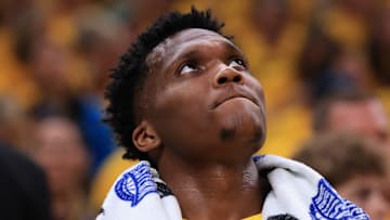 Indiana Pacers wing Bennedict Mathurin (00) during a playoff game against the Milwaukee Bucks.