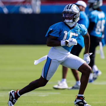 Jul 24, 2025; Charlotte, NC, USA; Carolina Panthers wide receiver Jimmy Horn Jr. (15) runs a route during training camp. Mandatory Credit: Scott Kinser-Imagn Images