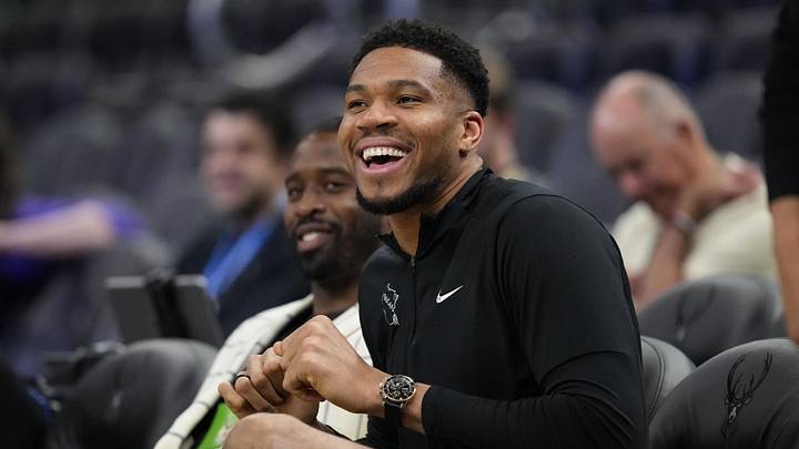 Apr 10, 2026; Milwaukee, Wisconsin, USA;  Milwaukee Bucks forward Giannis Antetokounmpo enjoys a moment during warmups prior to the game against the Brooklyn Nets at Fiserv Forum. Mandatory Credit: Jeff Hanisch-Imagn Images