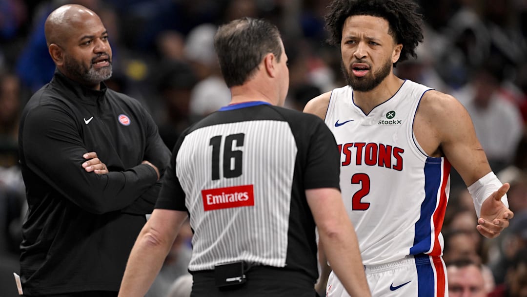 Detroit Pistons guard Cade Cunningham (2) and head coach J.B. Bickerstaff react to a technical foul call by referee David Guthrie (16) during the second half against the Dallas Mavericks at the American Airlines Center.
