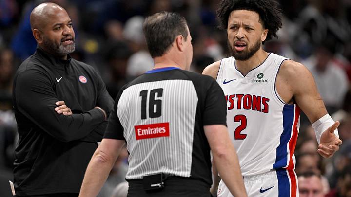 Detroit Pistons guard Cade Cunningham (2) and head coach J.B. Bickerstaff react to a technical foul call by referee David Guthrie (16) during the second half against the Dallas Mavericks at the American Airlines Center.