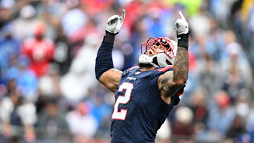 Sep 7, 2025; Foxborough, Massachusetts, USA; New England Patriots linebacker Harold Landry III (2) reacts against the Las Vegas Raiders during the first half at Gillette Stadium. Mandatory Credit: Brian Fluharty-Imagn Images