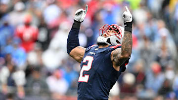 Sep 7, 2025; Foxborough, Massachusetts, USA; New England Patriots linebacker Harold Landry III (2) reacts against the Las Vegas Raiders during the first half at Gillette Stadium. Mandatory Credit: Brian Fluharty-Imagn Images