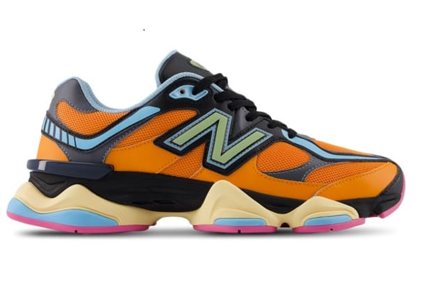 Orange and blue New Balance sneakers.