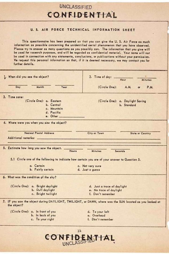 UFO Sighting Questionnaire from Project Blue Book Status Report Number Eight