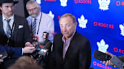 Oct 8, 2025; Toronto, Ontario, CAN; The Commissioner of the NHL Gary Bettman speaks to the media before a game between the Montreal Canadiens and the Toronto Maple Leafs at Scotiabank Arena. Mandatory Credit: Nick Turchiaro-Imagn Images