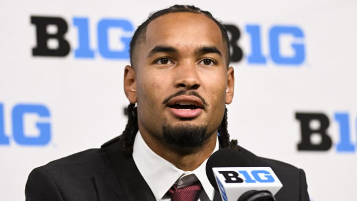 Jul 23, 2024; Indianapolis, IN, USA; Ohio State Buckeyes wide receiver Emeka Egbuka speaks to the media during the Big 10 football media day at Lucas Oil Stadium. Mandatory Credit: Robert Goddin-USA TODAY Sports