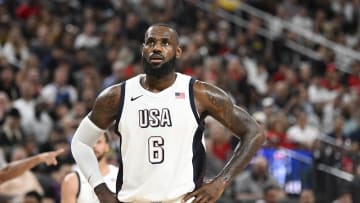 Jul 10, 2024; Las Vegas, Nevada, USA; USA forward Lebron James (6) looks on during the third quarter against Canada in the USA Basketball Showcase at T-Mobile Arena. Mandatory Credit: Candice Ward-USA TODAY Sports