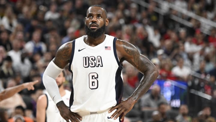 Jul 10, 2024; Las Vegas, Nevada, USA; USA forward Lebron James (6) looks on during the third quarter against Canada in the USA Basketball Showcase at T-Mobile Arena. Mandatory Credit: Candice Ward-USA TODAY Sports