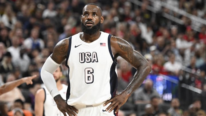 LeBron James looks on during the third quarter against Canada in the USA Basketball Showcase at T-Mobile Arena. 