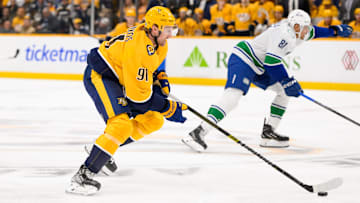 Is this the most skilled Predator? Jan 29, 2025; Nashville, Tennessee, USA;  Nashville Predators center Steven Stamkos (91) skates with the puck against the Vancouver Canucks during the first period at Bridgestone Arena. Mandatory Credit: Steve Roberts-Imagn Images