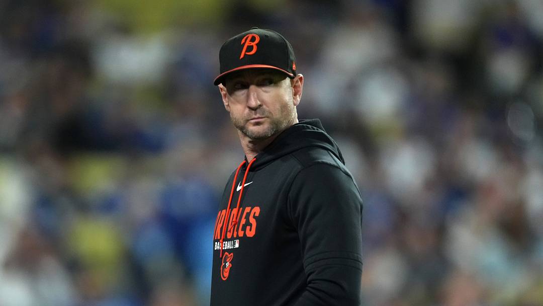 Jun 19, 2026; Los Angeles, California, USA;  Baltimore Orioles manager Craig Albernaz reacts during the game against the Los Angeles Dodgers at Dodger Stadium. Mandatory Credit: Kirby Lee-Imagn Images
