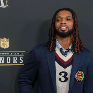Feb 6, 2025; New Orleans, LA, USA;  Damar Hamlin on the red carpet before Super Bowl LIX NFL Honors at Saenger Theatre. Mandatory Credit: Kirby Lee-Imagn Images