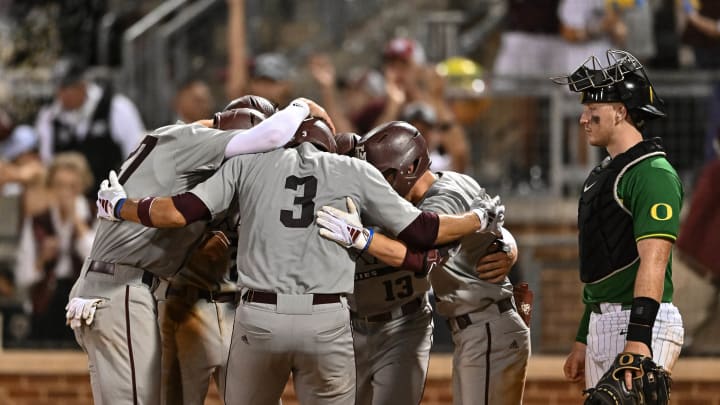 Jun 9, 2024; College Station, TX, USA; Texas A&M infielder Kaeden Kent (3) hits a grand slam in the top of the seventh inning against Oregon at Olsen Field, Blue Bell Park. 