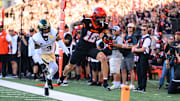 Oct 5, 2024; Corvallis, Oregon, USA; Oregon State Beavers wide receiver Jeremiah Noga (18) catches a pass and reaches for the end zone against the Colorado State Rams during the second quarter at Reser Stadium. Mandatory Credit: Craig Strobeck-Imagn Images