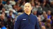 Mar 7, 2025; Inglewood, California, USA; LA Clippers coach Tyronn Lue reacts against the New York Knicks in the second half at Intuit Dome. Mandatory Credit: Kirby Lee-Imagn Images
