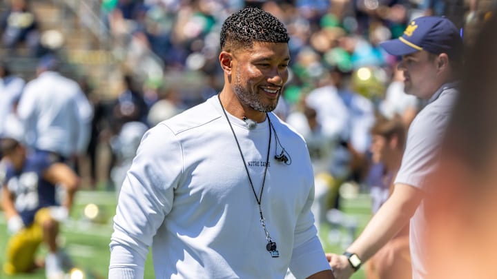 Apr 25, 2026; Notre Dame, IN, USA; Notre Dame Fighting Irish head coach Marcus Freeman greets players before the Blue-Gold game at Notre Dame Stadium. Mandatory Credit: Michael Caterina-Imagn Images