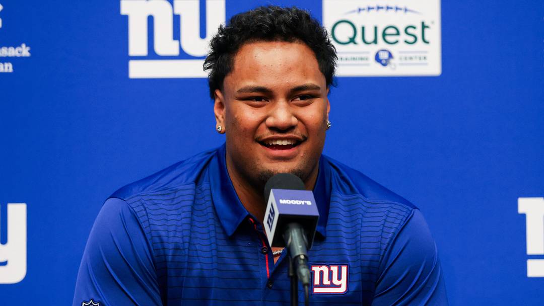 Apr 24, 2026; East Rutherford, NJ, USA; New York Giants draft pick Francis Mauigoa addresses the media during the introductory press conference at Quest Diagnostics Training Center. Mandatory Credit: Tom Horak-Imagn Images