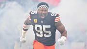 Nov 16, 2025; Cleveland, Ohio, USA; Cleveland Browns defensive end Myles Garrett (95) runs out during player introductions prior to a game against Baltimore Ravens at Huntington Bank Field. Mandatory Credit: Ken Blaze-Imagn Images
