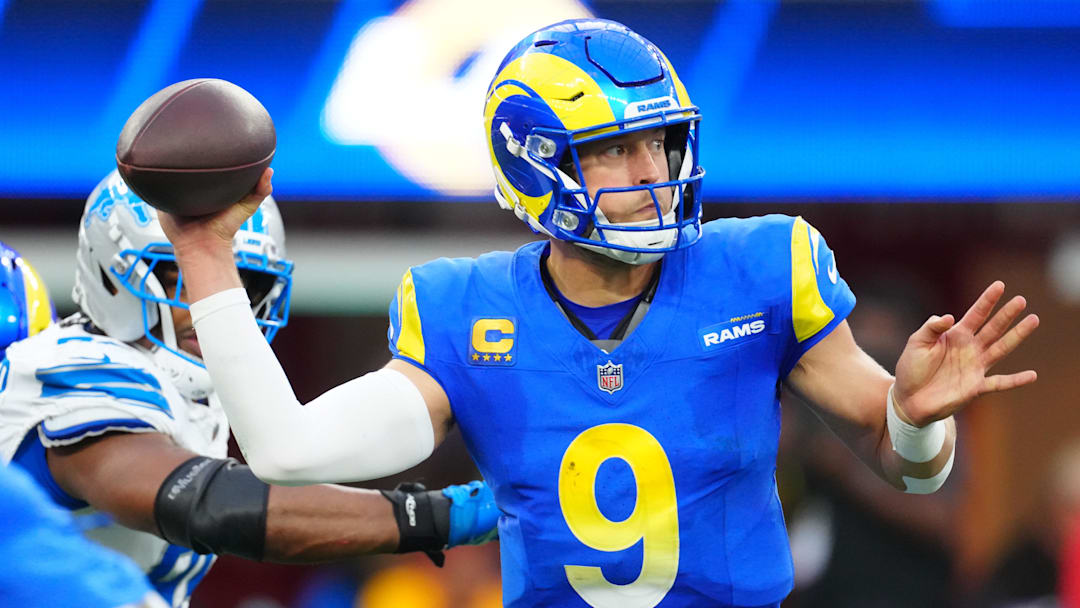 Dec 14, 2025; Inglewood, California, USA; Los Angeles Rams quarterback Matthew Stafford (9) throws a pass during the third quarter against the Detroit Lions at SoFi Stadium. Mandatory Credit: Kirby Lee-Imagn Images