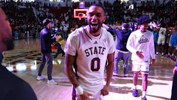 Jan 18, 2025; Starkville, Mississippi, USA; Mississippi State Bulldogs guard Claudell Harris Jr. (0) reacts after defeating the Mississippi Rebels at Humphrey Coliseum. Mandatory Credit: Petre Thomas-Imagn Images