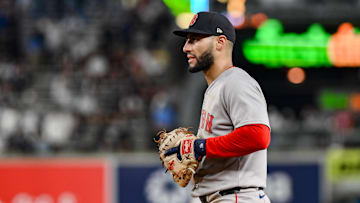 Jun 8, 2025; Bronx, New York, USA; Boston Red Sox first baseman Abraham Toro (29) defends against the New York Yankees during the ninth inning at Yankee Stadium. Mandatory Credit: John Jones-Imagn Images