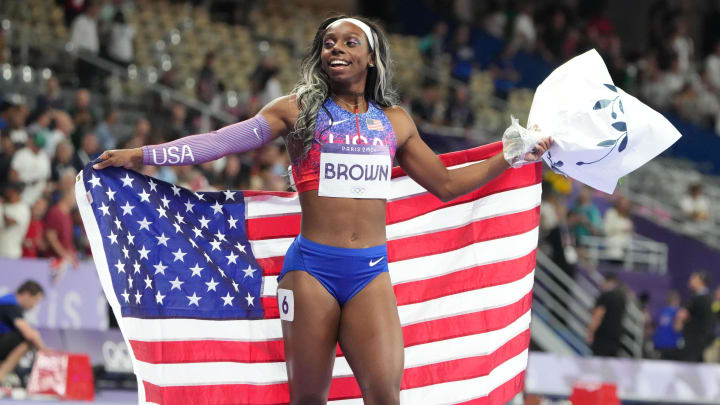 Aug 6, 2024; Saint-Denis, FRANCE; Brittany Brown (USA) celebrates her third place finish in the women's 200m final during the Paris 2024 Olympic Summer Games at Stade de France. Mandatory Credit: Kirby Lee-USA TODAY Sports