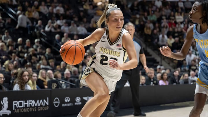 Purdue Boilermakers guard Abbey Ellis (23) drives to the basket 