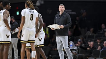 Nov 20, 2025; Nashville, Tennessee, USA;  Vanderbilt Commodores head coach Mark Byington looks down court against the Texas Southern Tigers during the first half at Memorial Gymnasium. Mandatory Credit: Steve Roberts-Imagn Images