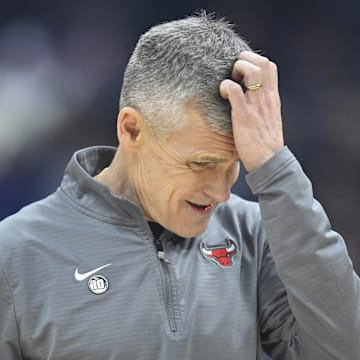 Chicago Bulls head coach Billy Donovan reacts during a timeout in the first quarter against the Cleveland Cavaliers at Rocket Arena. 