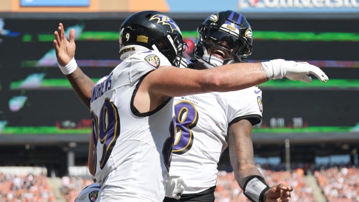 Oct 1, 2023; Cleveland, Ohio, USA; Baltimore Ravens tight end Mark Andrews (89) and quarterback Lamar Jackson (8) celebrate after Andrews caught a touchdown from Jackson during the first half at Cleveland Browns Stadium. Mandatory Credit: Ken Blaze-USA TODAY Sports