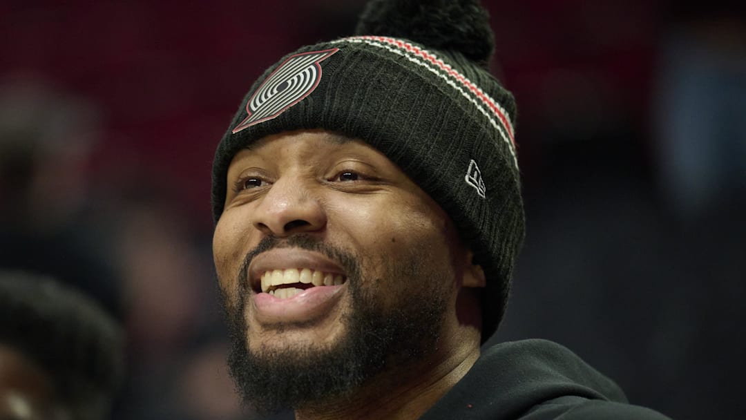 Portland Trail Blazers guard Damian Lillard shares a laugh before a game against the Oklahoma City Thunder.
