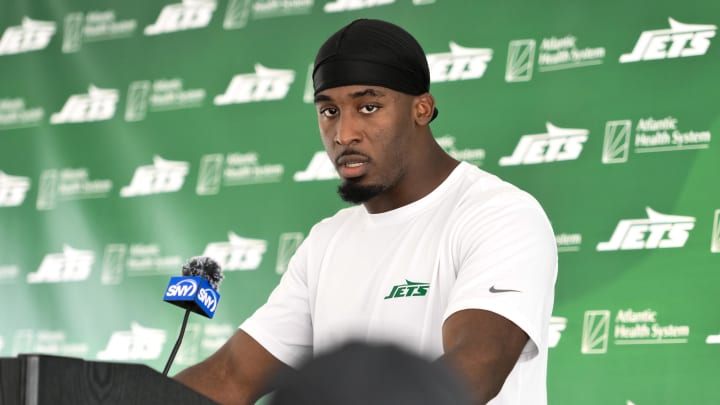 New York Jets running back Breece Hall (20) speaks to the media after training camp at Atlantic Health Jets Training Center.