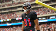 Oct 26, 2025; Houston, Texas, USA; Houston Texans wide receiver Jayden Higgins (81) reacts after catching a pass for a touchdown during the second quarter against the San Francisco 49ers at NRG Stadium. 