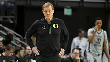 Feb 11, 2025; Eugene, Oregon, USA; Oregon Ducks head coach Dana Altman watches his team during the second half against the Northwestern Wildcats at Matthew Knight Arena.