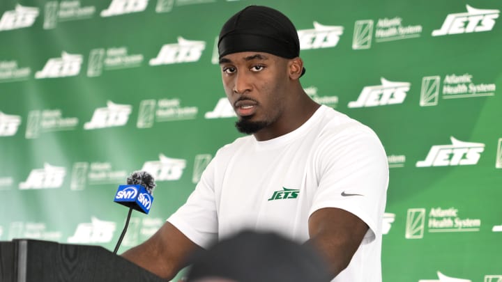 Jul 25, 2024; Florham Park, NJ, USA; New York Jets running back Breece Hall (20) speaks to the media after training camp at Atlantic Health Jets Training Center.