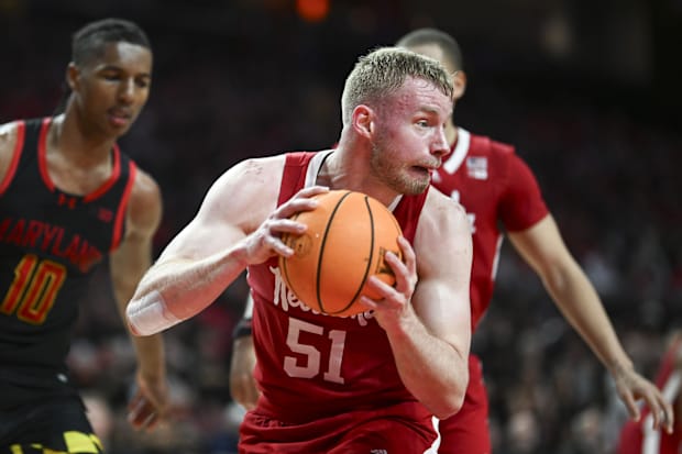 Nebraska Cornhuskers forward Rienk Mast pulls down a rebound.