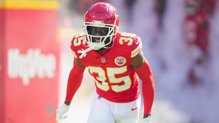 Sep 28, 2025; Kansas City, Missouri, USA; Kansas City Chiefs cornerback Jaylen Watson (35) takes the field prior to a game against the Baltimore Ravens at GEHA Field at Arrowhead Stadium. Mandatory Credit: Jay Biggerstaff-Imagn Images