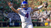 USA; Boise State Broncos quarterback Maddux Madsen (4) celebrates as he runs in a touchdown against the Notre Dame Fighting Irish during the first half at Notre Dame Stadium. Mandatory Credit: Michael Caterina-Imagn Images