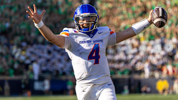USA; Boise State Broncos quarterback Maddux Madsen (4) celebrates as he runs in a touchdown against the Notre Dame Fighting Irish during the first half at Notre Dame Stadium. Mandatory Credit: Michael Caterina-Imagn Images