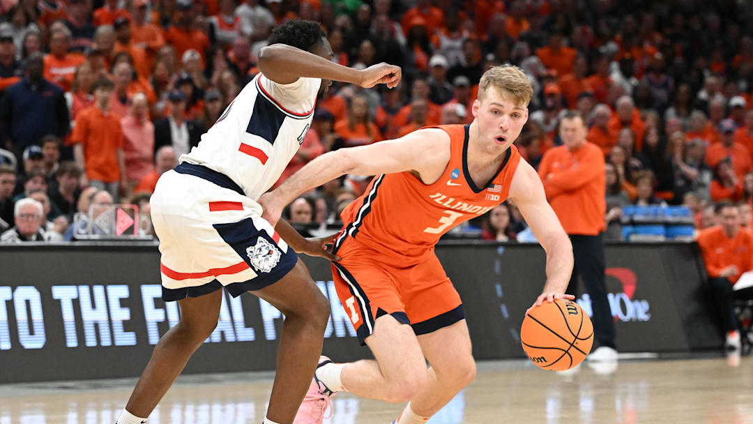 Mar 30, 2024; Boston, MA, USA; Illinois Fighting Illini forward Marcus Domask (3) dribbles the ball against the Connecticut Huskies in the finals of the East Regional of the 2024 NCAA Tournament at TD Garden. Mandatory Credit: Brian Fluharty-Imagn Images