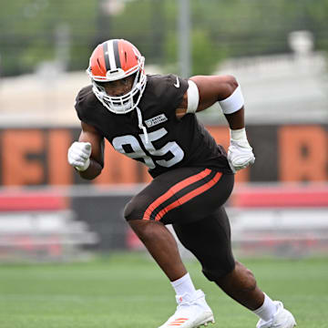 Aug 5, 2024; Cleveland Browns defensive end Myles Garrett (95) during practice at the Browns training facility in Berea, Ohio. Mandatory Credit: Bob Donnan-Imagn Images