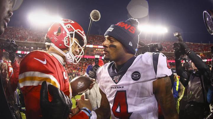 Jan 12, 2020; Kansas City, MO, USA;  Kansas City Chiefs quarterback Patrick Mahomes (15) hugs Houston Texans quarterback Deshaun Watson (4) after the game between the Chiefs and the Texans in a AFC Divisional Round playoff football game at Arrowhead Stadium.  Mandatory Credit: Jay Biggerstaff-Imagn Images