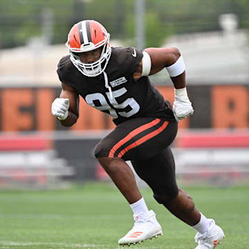 Aug 5, 2024; Cleveland Browns defensive end Myles Garrett (95) during practice at the Browns training facility in Berea, Ohio. Mandatory Credit: Bob Donnan-Imagn Images