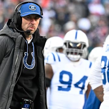 Dec 1, 2024; Foxborough, Massachusetts, USA; Indianapolis Colts head coach Shane Steichen looks on during the first half against the New England Patriots at Gillette Stadium. Mandatory Credit: Eric Canha-Imagn Images