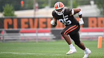 Aug 5, 2024; Cleveland Browns defensive end Myles Garrett (95) during practice at the Browns training facility in Berea, Ohio. Mandatory Credit: Bob Donnan-Imagn Images